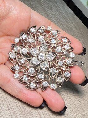 Vintage Rhinestone Floral Hair Barrette Silver Tone Upcycled Sparkly